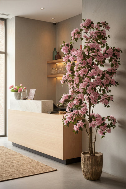 Bougainvillea D: Large Artificial Bougainvillea Tree with Light Pink Flowers and Planter