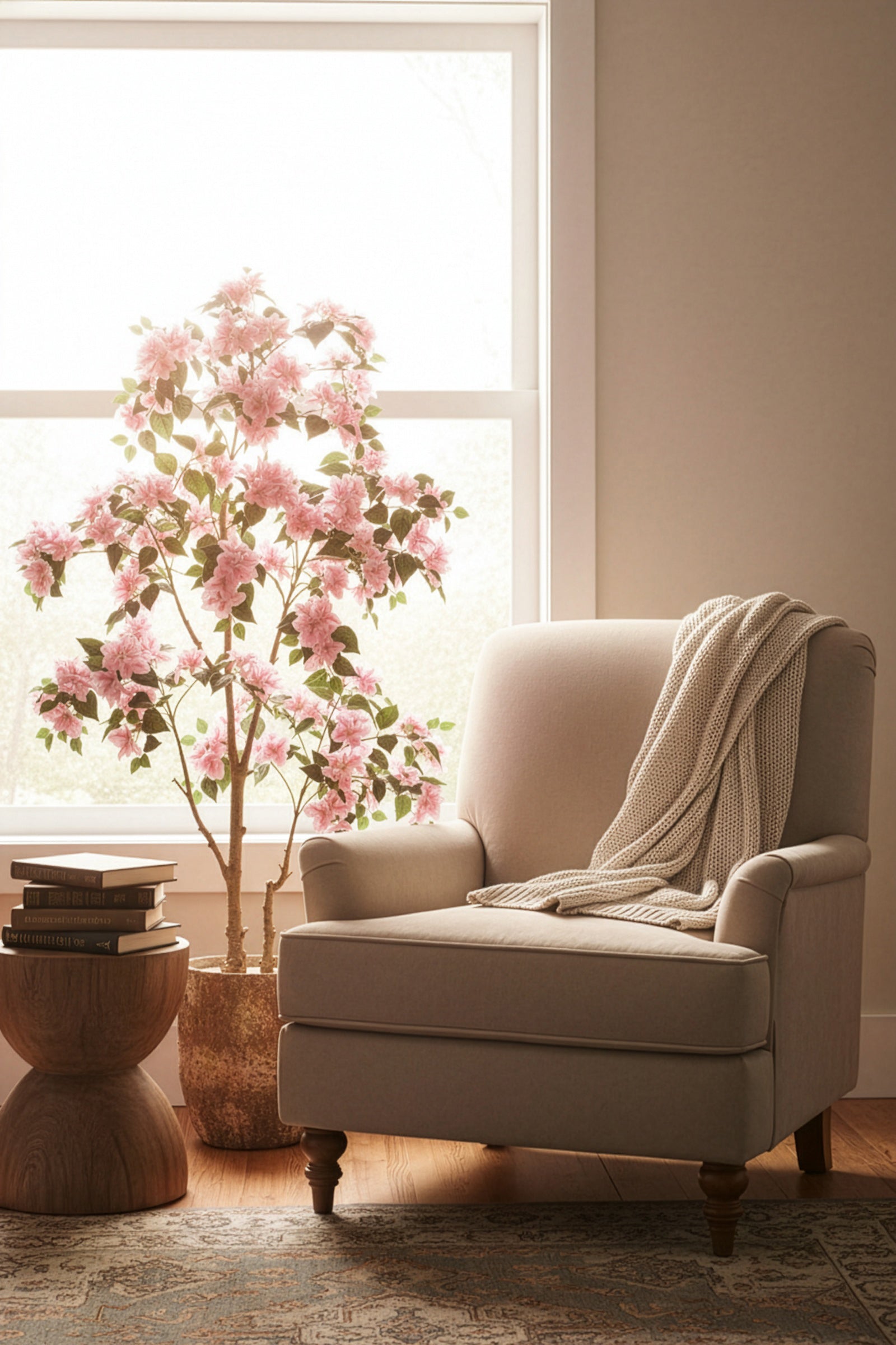 Bougainvillea D: Large Artificial Bougainvillea Tree with Light Pink Flowers and Planter