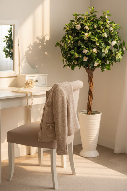Artificial Camellia Tree with White Flowers and Realistic Trunk