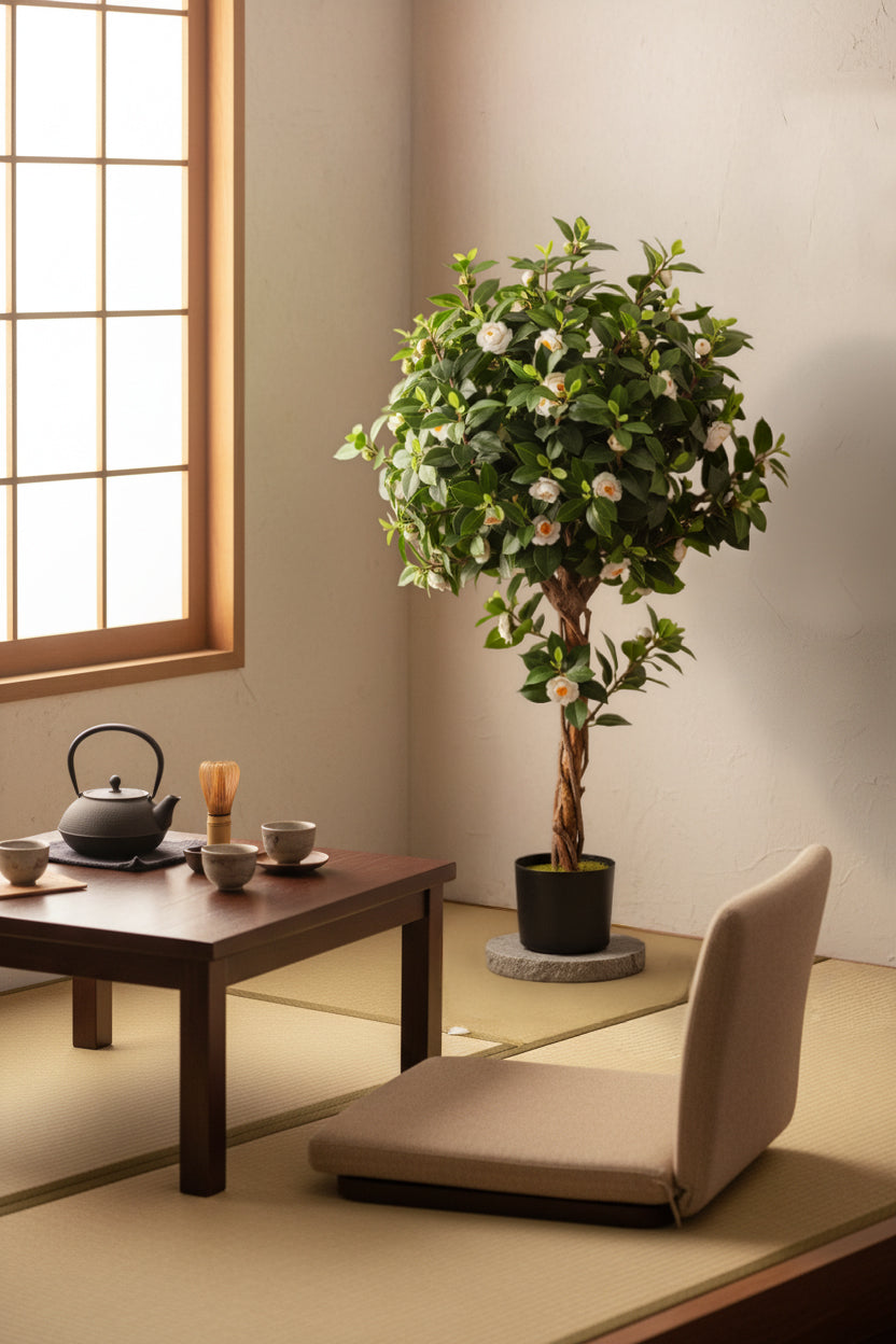 Artificial Camellia Tree with White Flowers and Realistic Trunk