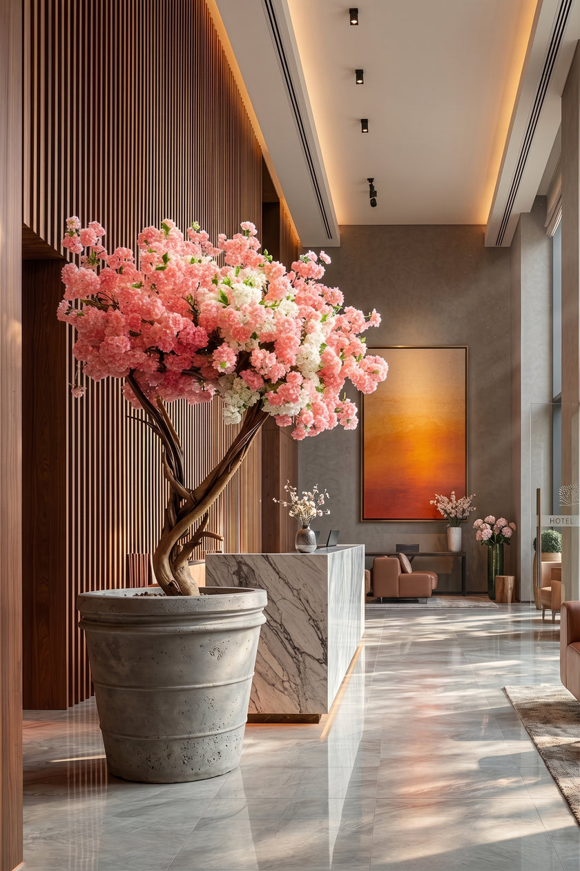 Cherry Blossom B: Large Artificial Cherry Blossom Tree with Blush Pink & Cream Flowers and Planter