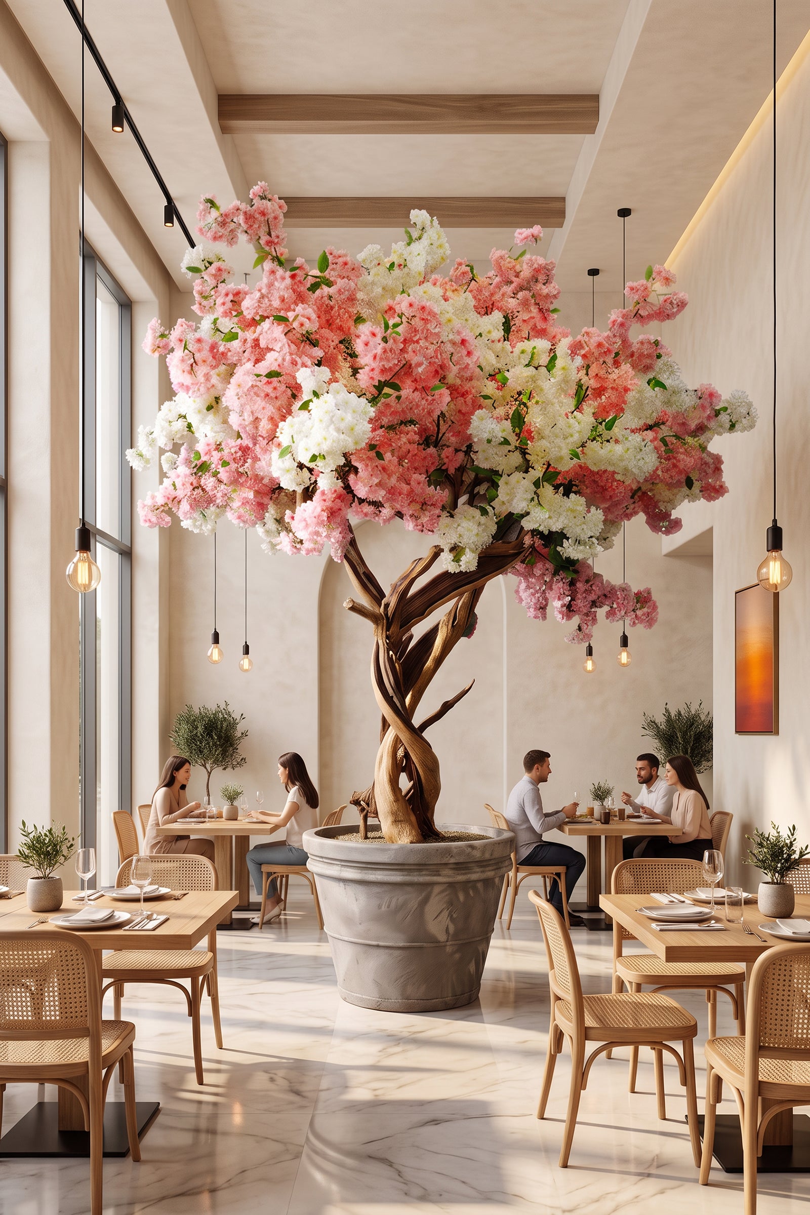 Cherry Blossom B: Large Artificial Cherry Blossom Tree with Blush Pink & Cream Flowers and Planter