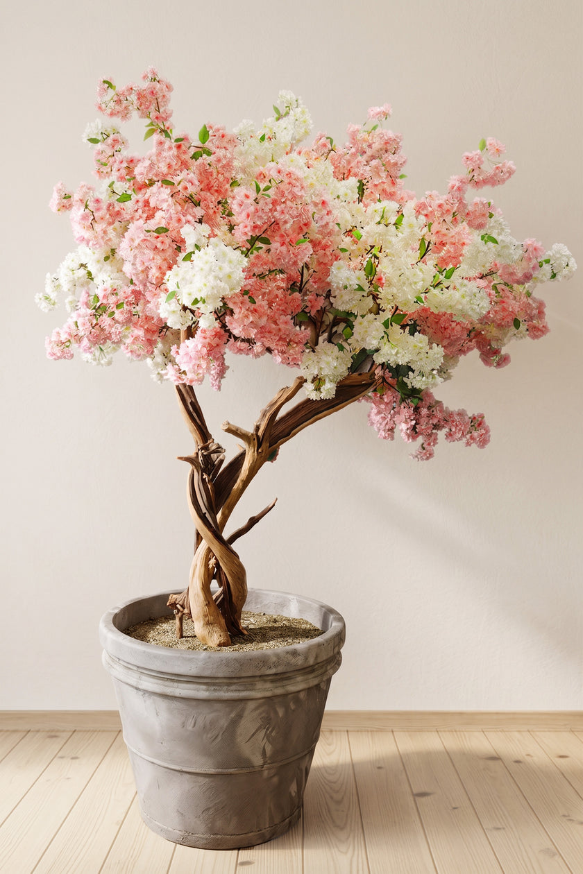 Cherry Blossom B: Large Artificial Cherry Blossom Tree with Blush Pink & Cream Flowers and Planter