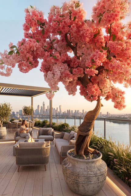 Cherry Blossom C: Large Artificial Cherry Blossom Tree with Coral Pink Flowers and Planter