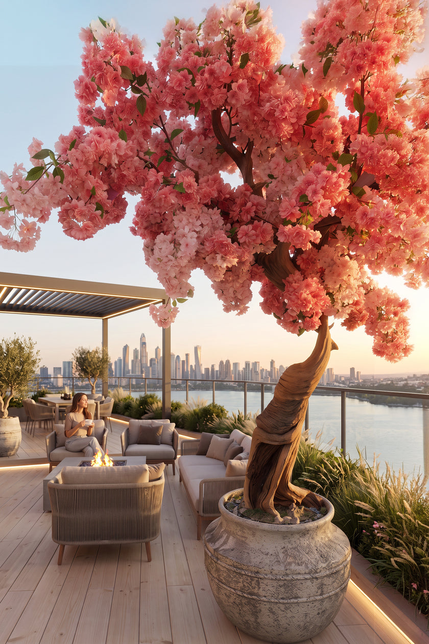 Cherry Blossom C: Large Artificial Cherry Blossom Tree with Coral Pink Flowers and Planter