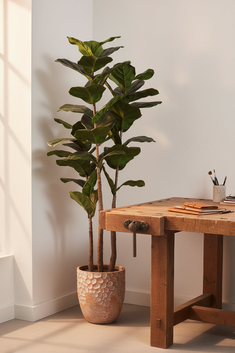 Fiddle M: Artificial Fiddle Leaf Fig Tree with Triple Trunks and Pot