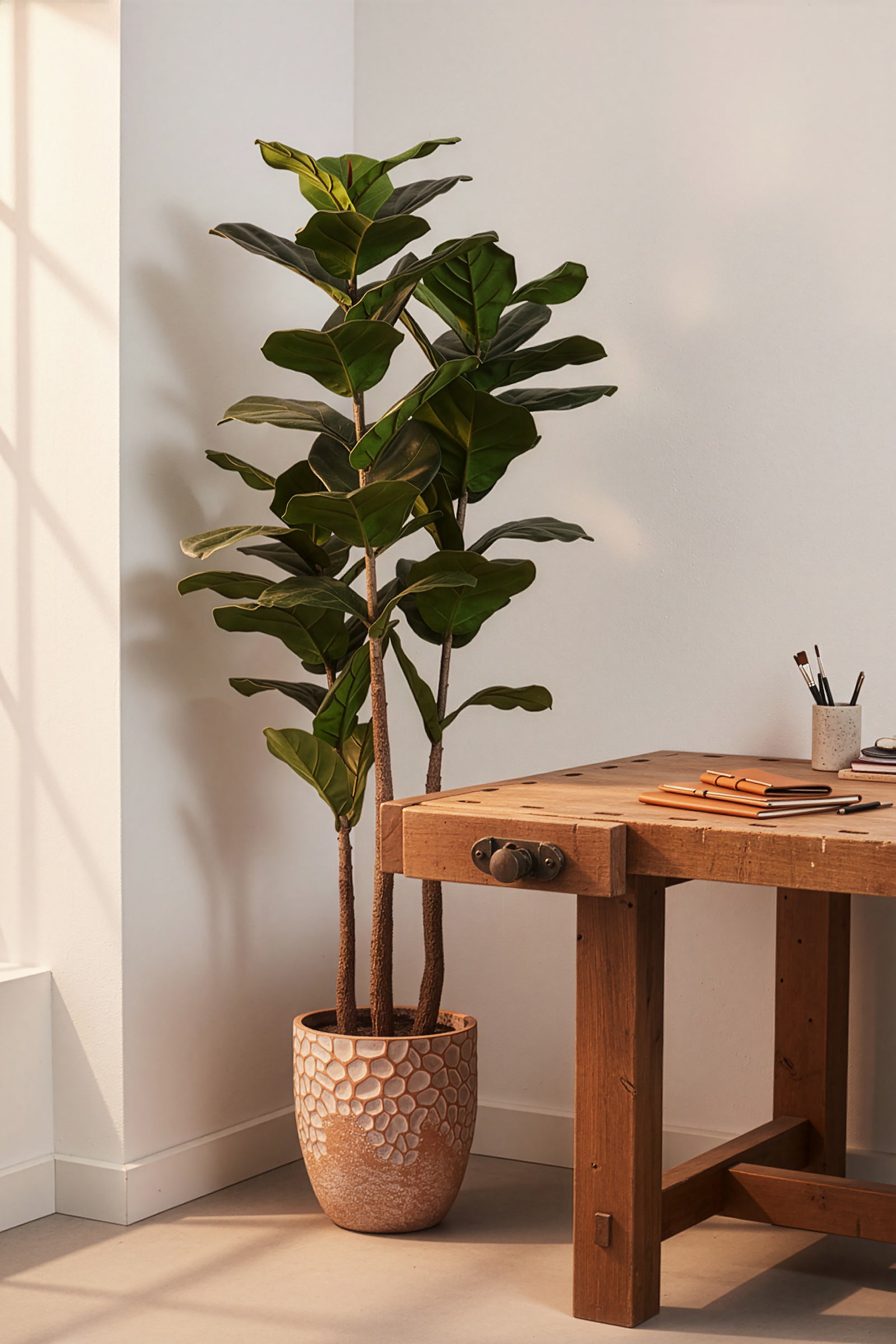 Fiddle M : Figuier artificiel Fiddle Leaf à trois troncs et pot