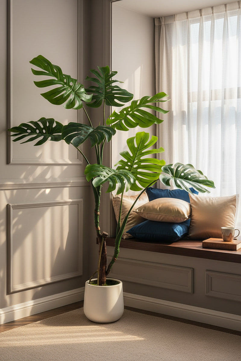Monstera J: Artificial Monstera Deliciosa Plant with White Planter