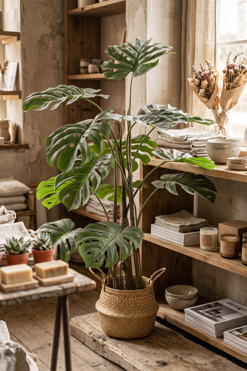 Monstera L: Artificial Monstera Deliciosa Plant with Mature Trunk and Aerial‑Roots