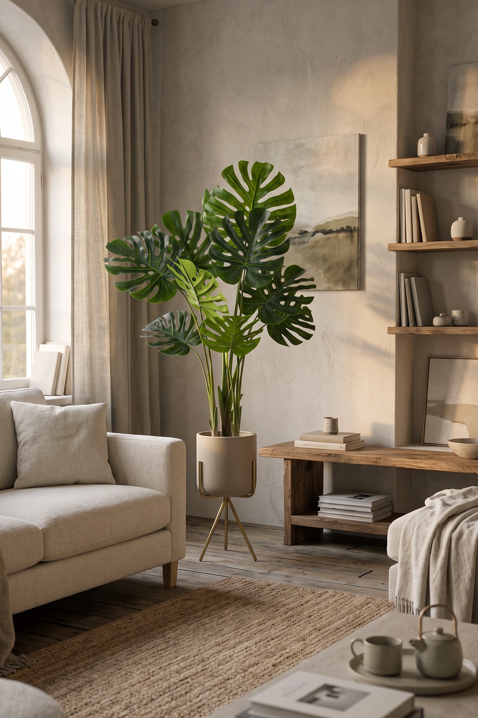 Monstera M: Artificial Monstera Deliciosa Plant with a Strong, Upright Green Trunk