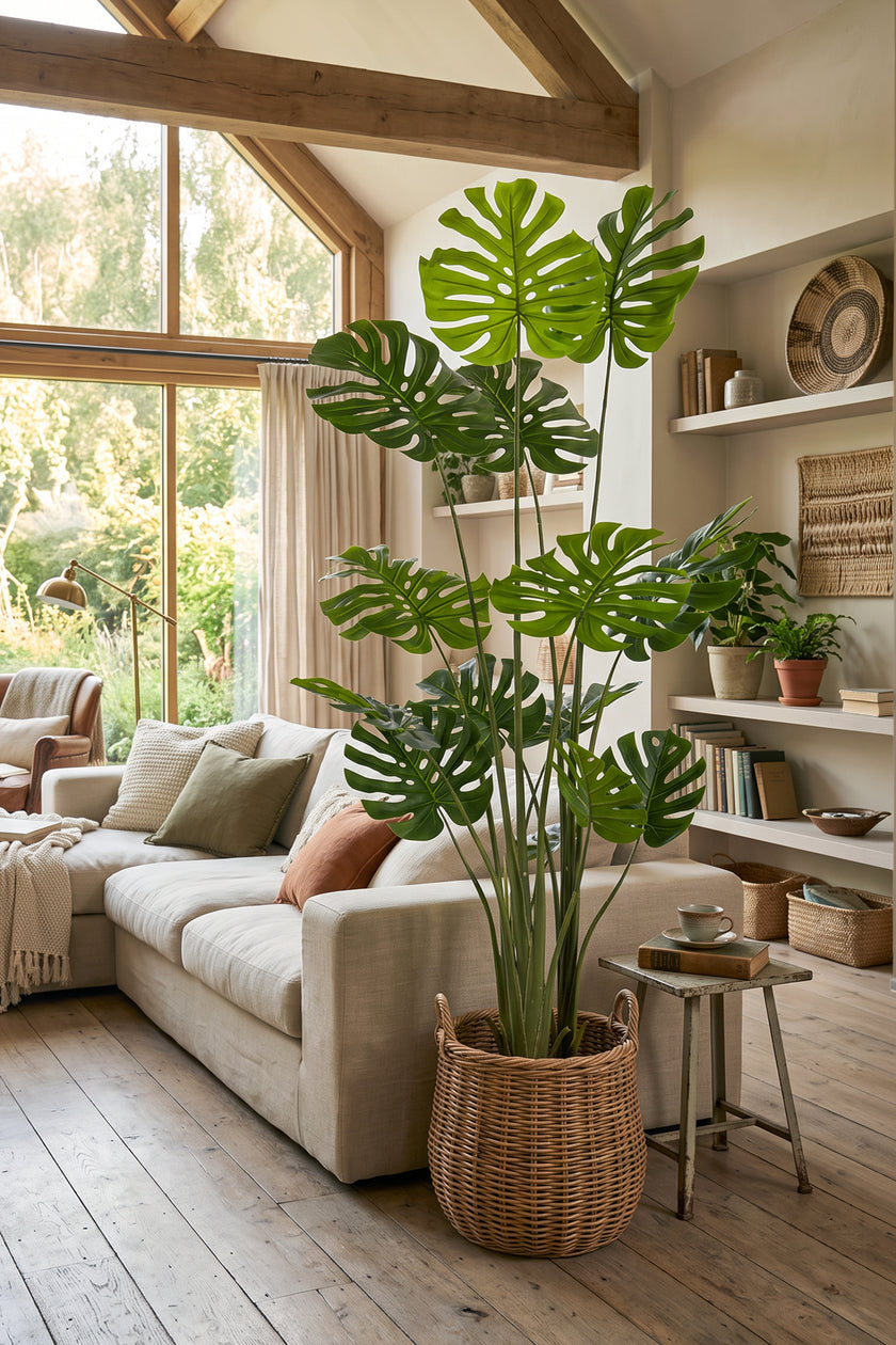 Monstera M: Artificial Monstera Deliciosa Plant with a Strong, Upright Green Trunk