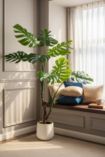 Monstera J: Artificial Monstera Deliciosa Plant with White Planter