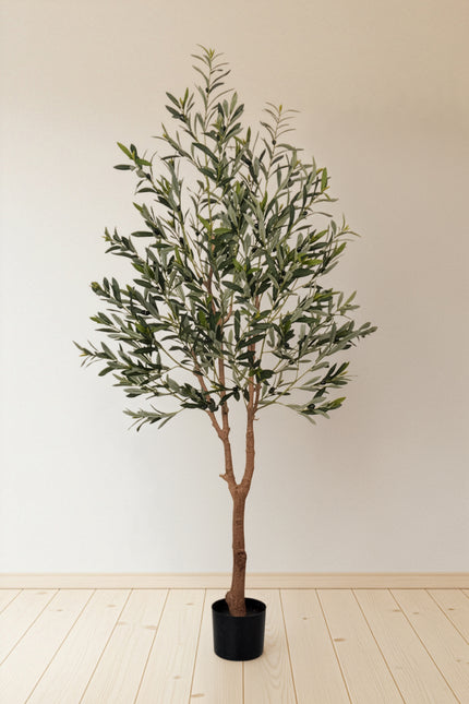 Olive E: Kunstmatige olijfboom met brede zijden bladeren en realistische olijven