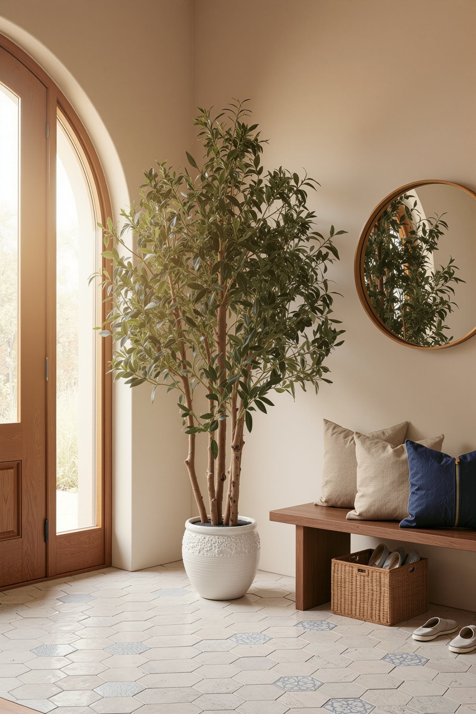 Olive J: Artificial Olive Tree with Multiple Natural-Style Trunks and Dense Foliage