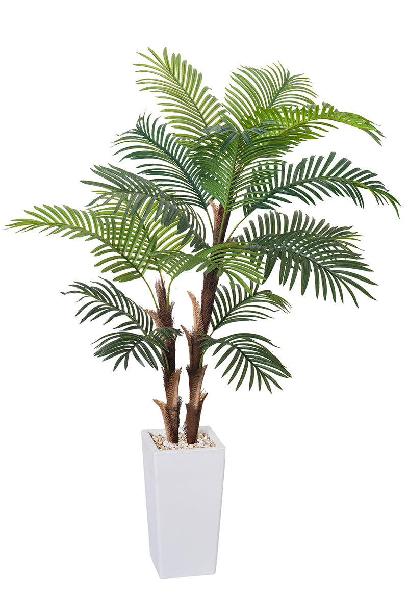 Palm F: Artificial Areca Palm Tree with Fiber Trunk and Tall White Planter