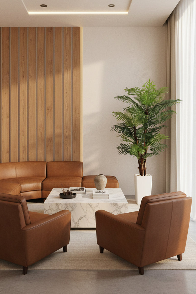 Palm F: Artificial Areca Palm Tree with Fiber Trunk and Tall White Planter