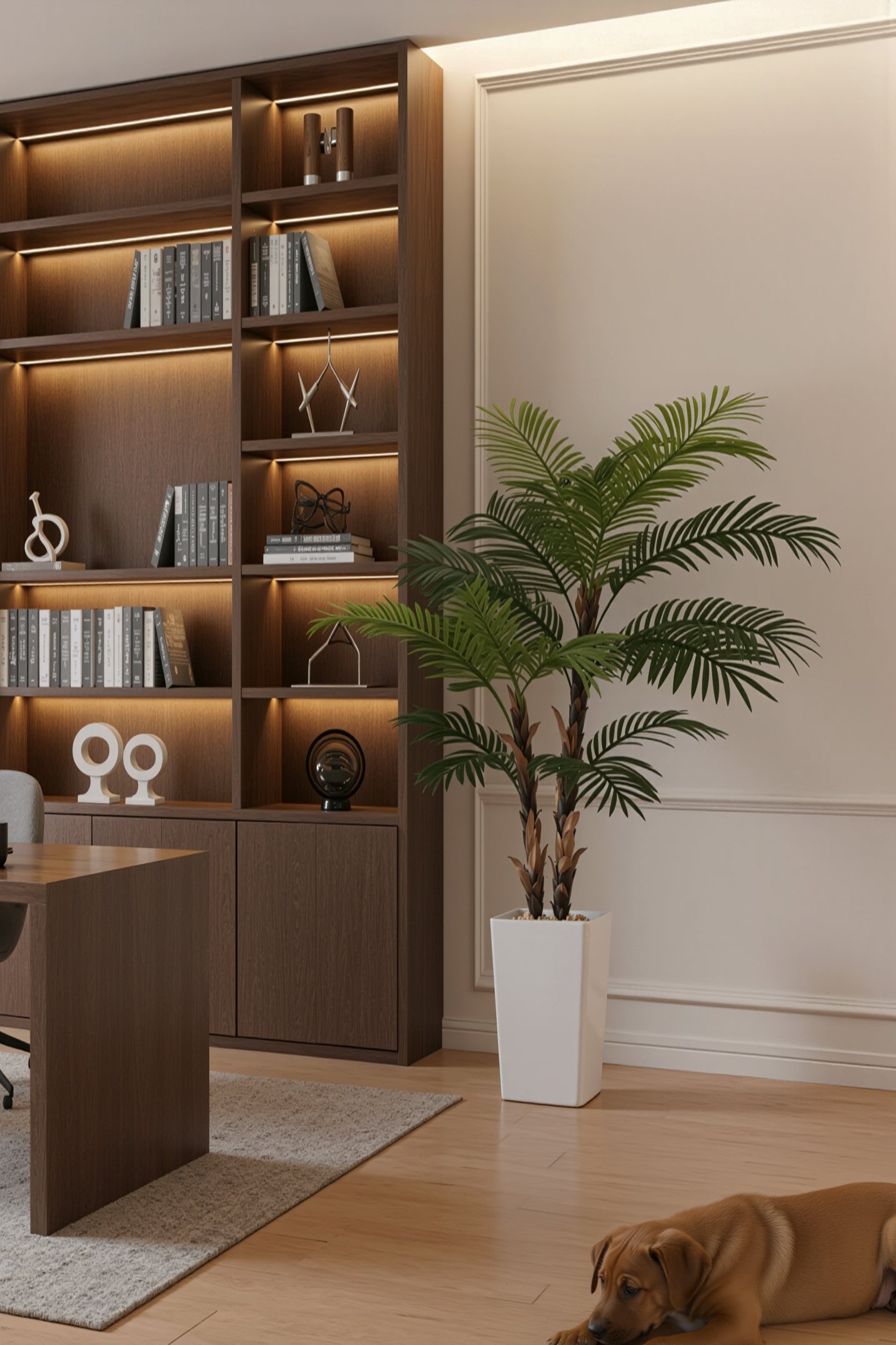 Palm F: Artificial Areca Palm Tree with Fiber Trunk and Tall White Planter