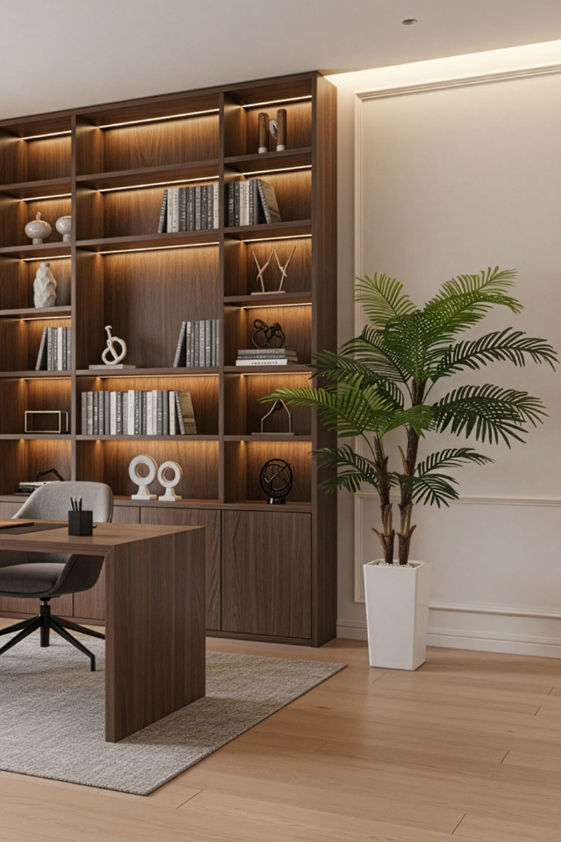 Palm F: Artificial Areca Palm Tree with Fiber Trunk and Tall White Planter