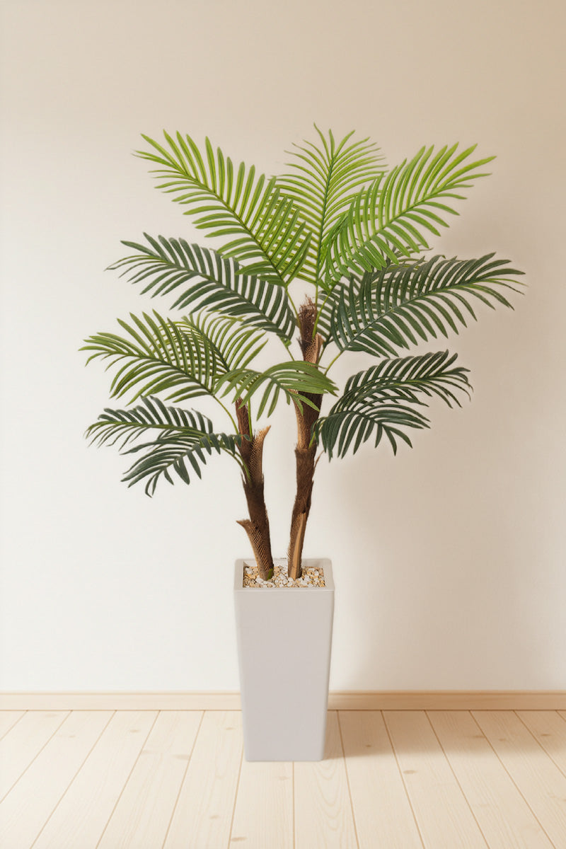 Palm F: Artificial Areca Palm Tree with Fiber Trunk and Tall White Planter