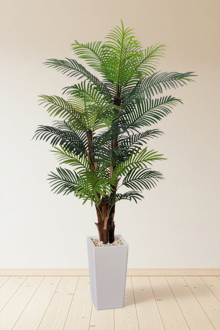 Palm F: Artificial Areca Palm Tree with Fiber Trunk and Tall White Planter