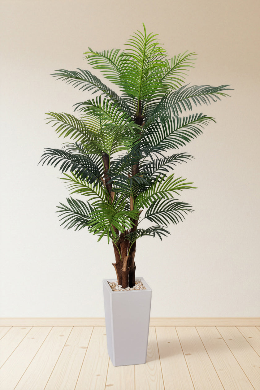 Palm F: Artificial Areca Palm Tree with Fiber Trunk and Tall White Planter