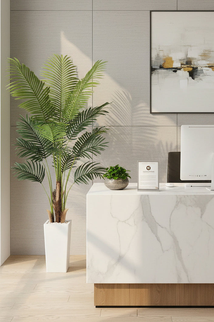 Palm H: Artificial Palm Tree with Realistic Palm Fiber Trunk and Tall Planter