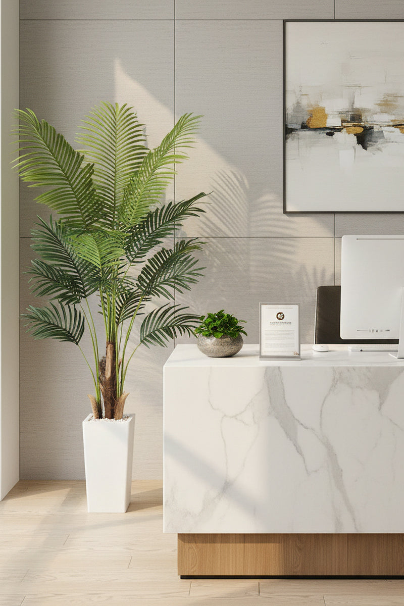 Palm H: Artificial Palm Tree with Realistic Palm Fiber Trunk and Tall Planter