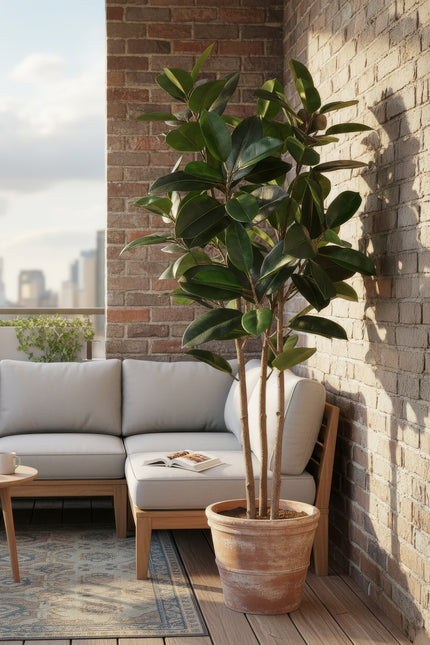 Rubber J: Artificial Rubber Tree with Variegated Leaves and Triple Trunks