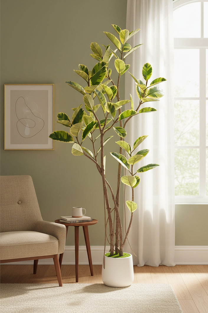 Rubber K: Tall Artificial Rubber Tree with Lush Variegated Foliage