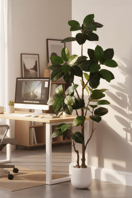 Rubber N: Artifiicial (Ficus Altissima) with Broad Leaves in a White Pot