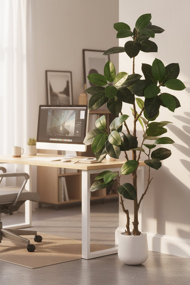 Rubber N: Artifiicial (Ficus Altissima) with Broad Leaves in a White Pot