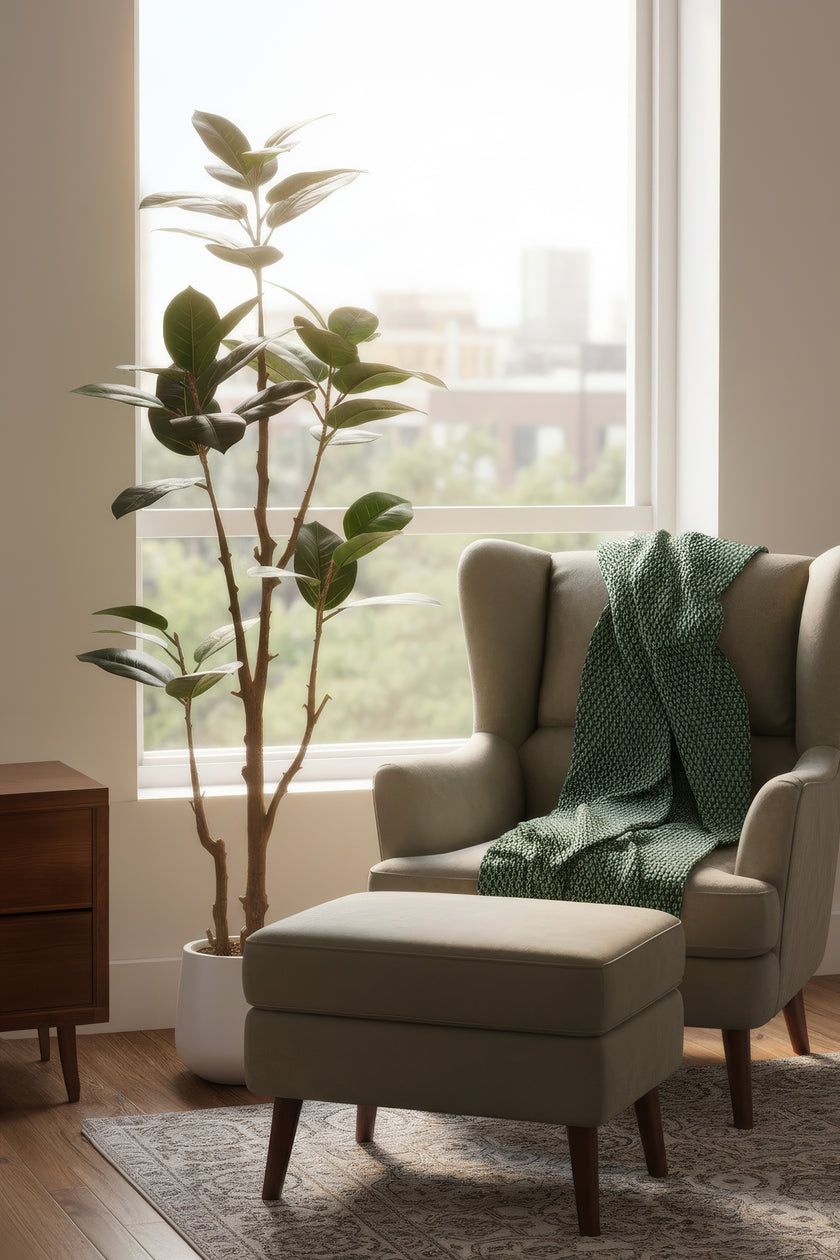 Rubber N: Artifiicial (Ficus Altissima) with Broad Leaves in a White Pot